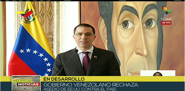 2. La Cancillería venezolana rechazó las acusaciones de EE UU y aseguró que se trataba de un acto de desespero de la élite supremacista de Washington. Captura de pantalla Telesur