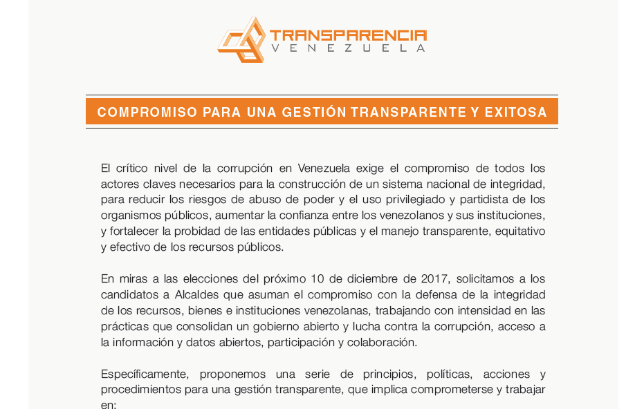 Transparencia Venezuela emplaza a candidatos a alcaldes a comprometerse públicamente a luchar contra la corrupción